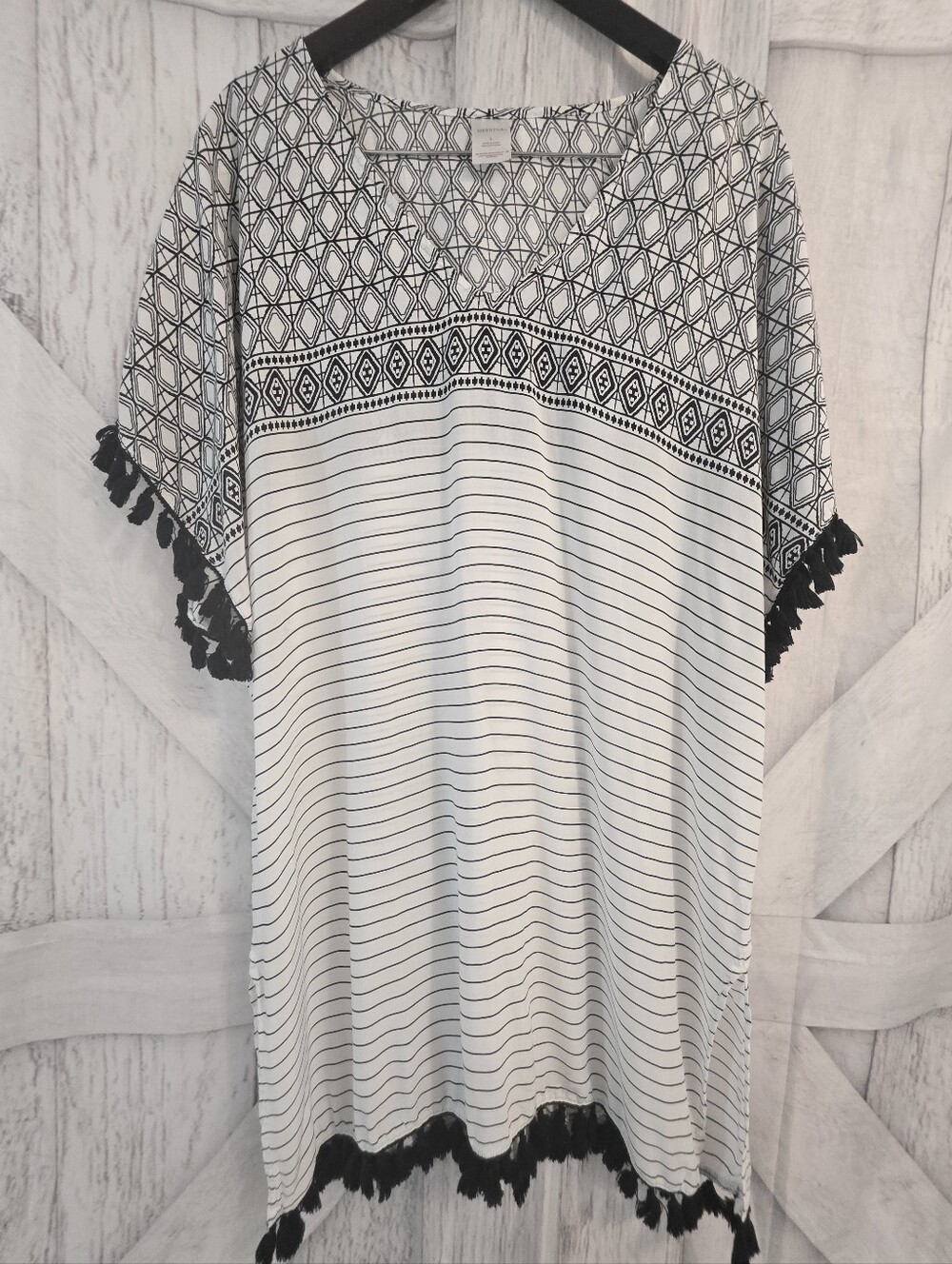Merona Black White Tassel Cover Up Tunic Dress Large Boho Beach